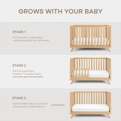Comfy Cubs crib dimensions show 53.58 by 29.2 by 34.3 inches.