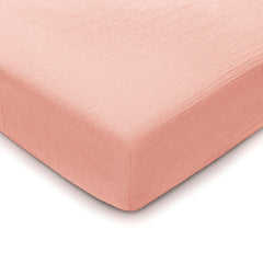 Comfy Cubs Lace Pink Muslin crib sheet flatlay shows soft breathable fabric.
