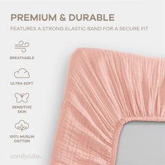 Comfy Cubs muslin bassinet sheet lace pink elastic edge—secure fit demonstration.