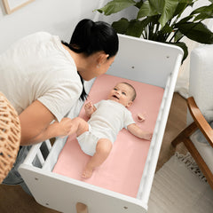 Comfy Cubs muslin bassinet sheet lace pink fabric texture—soft, breathable cotton feel.