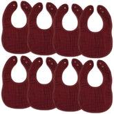 Comfy Cubs muslin bibs wine pack eight on display, unisex and colorful for everyday use