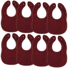 Comfy Cubs muslin bibs wine pack eight on display, unisex and colorful for everyday use