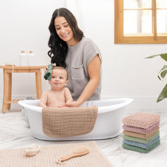 Comfy Cubs muslin washcloths large 10x10 inch size for full bath coverage.