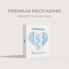 Comfy Cubs newborn swaddle blue features secure Velcro wrap for safe, snug rest.