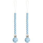 Comfy Cubs pacifier clip sky blue close-up; soft silicone for safe, gentle use.