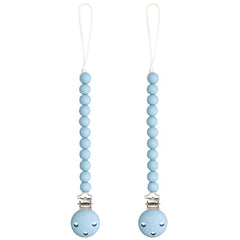 Comfy Cubs pacifier clip sky blue close-up; soft silicone for safe, gentle use.