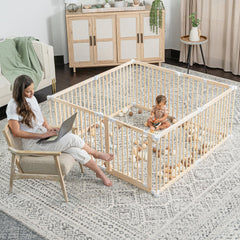 Comfy Cubs pine wood playpen highlights natural, toxin-free materials for curious babies.