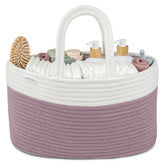Comfy Cubs rope diaper caddy basket open with three compartments for easy access.
