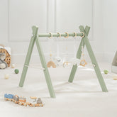 Comfy Cubs wooden baby play gym in natural finish promotes safe tummy time and exploration.