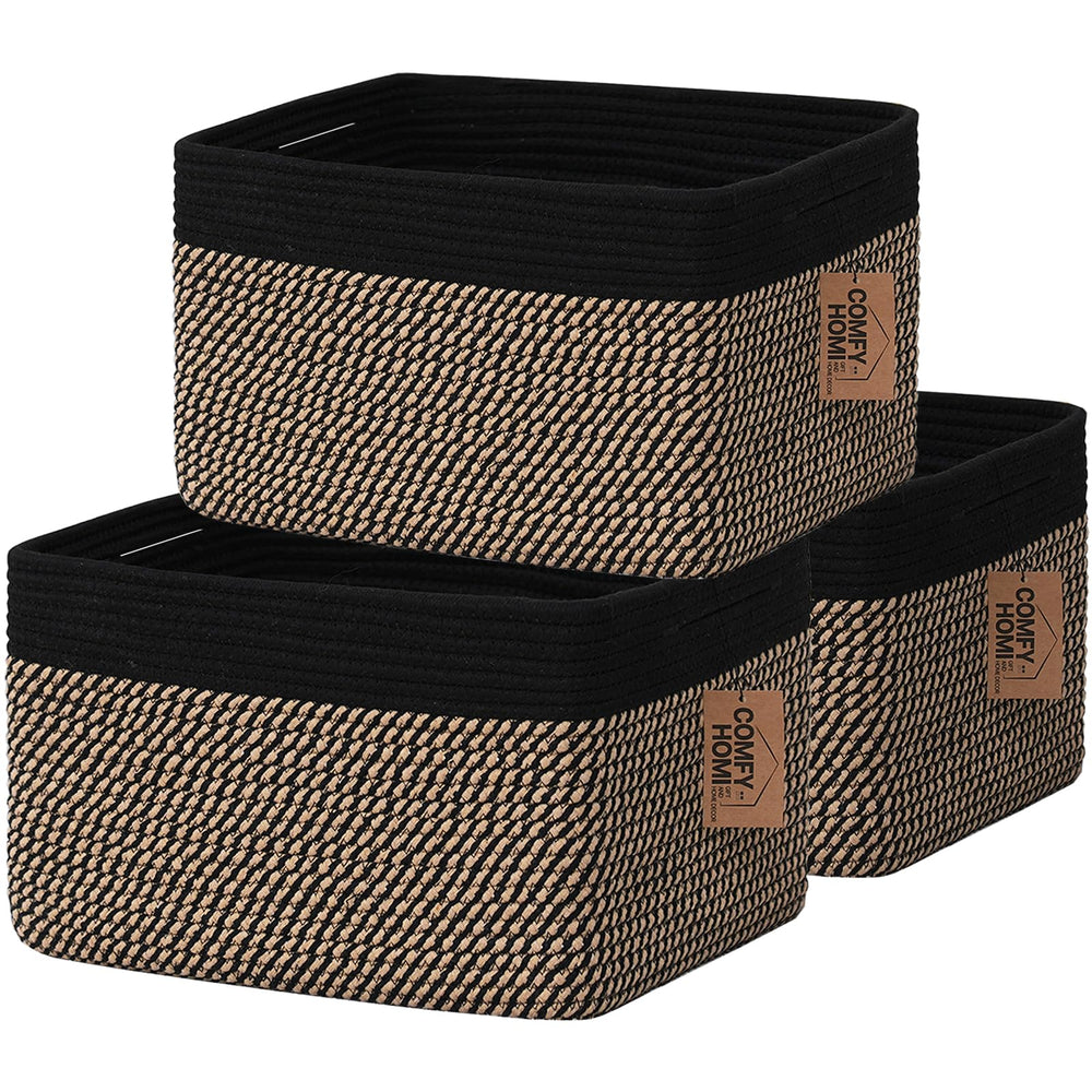 COMFY-HOMI 3-pack cotton rope basket with handles for organized shelves.