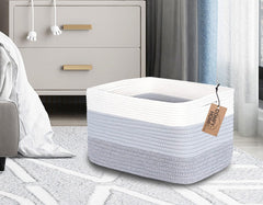 COMFY-HOMI basket in white and three-tone grey adds soft storage to nursery.