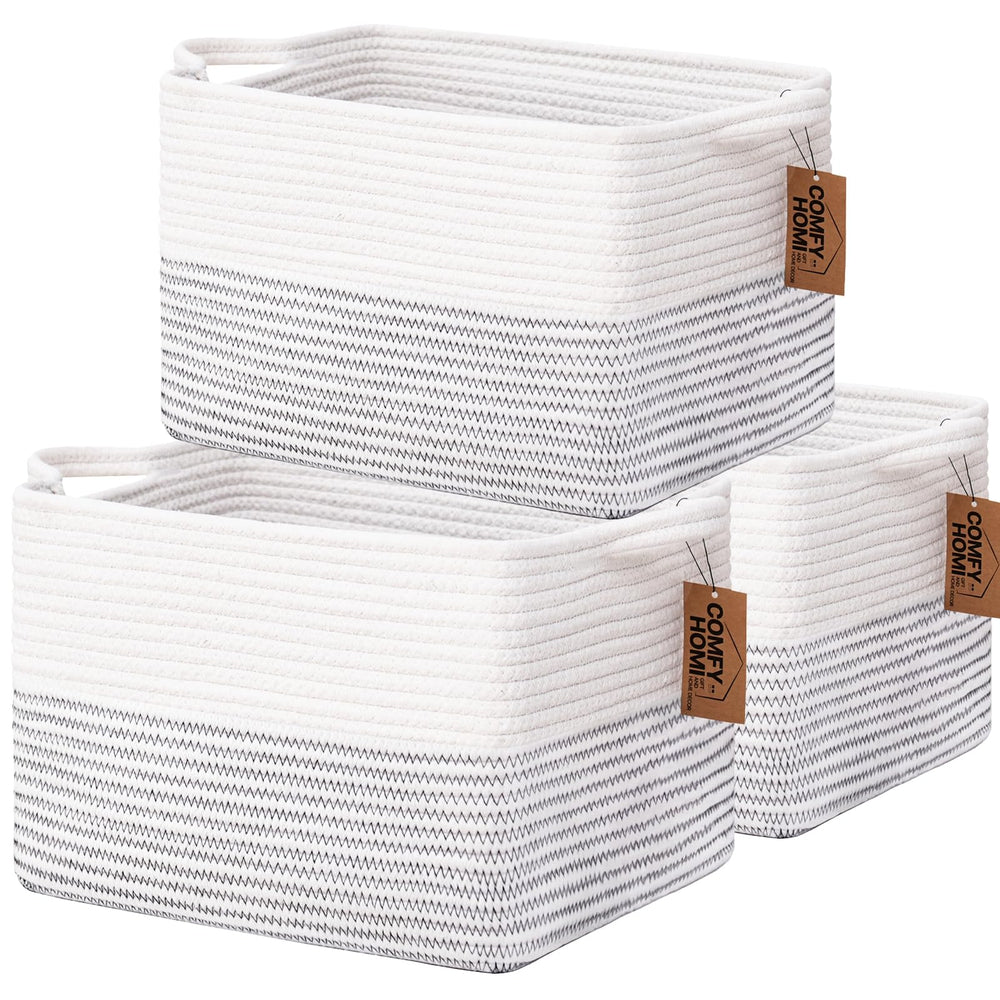 COMFY-HOMI cotton rope square basket front view, ideal for tidy living room storage
