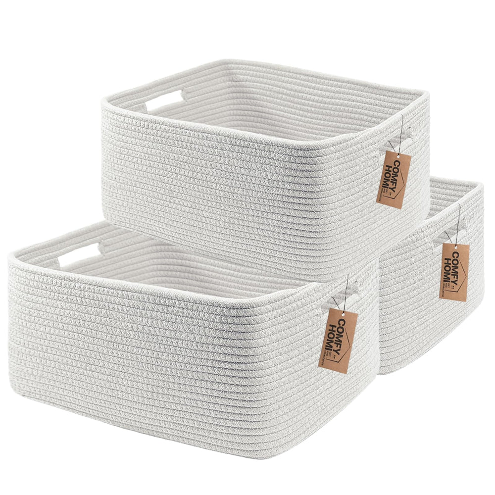 COMFY-HOMI large storage basket set in white on shelf, ideal for decluttering.
