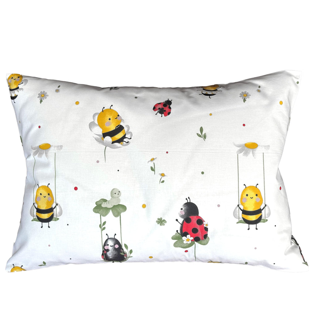 Comfy Turtles bees pillowcase close-up, soft cotton for gentle sleep