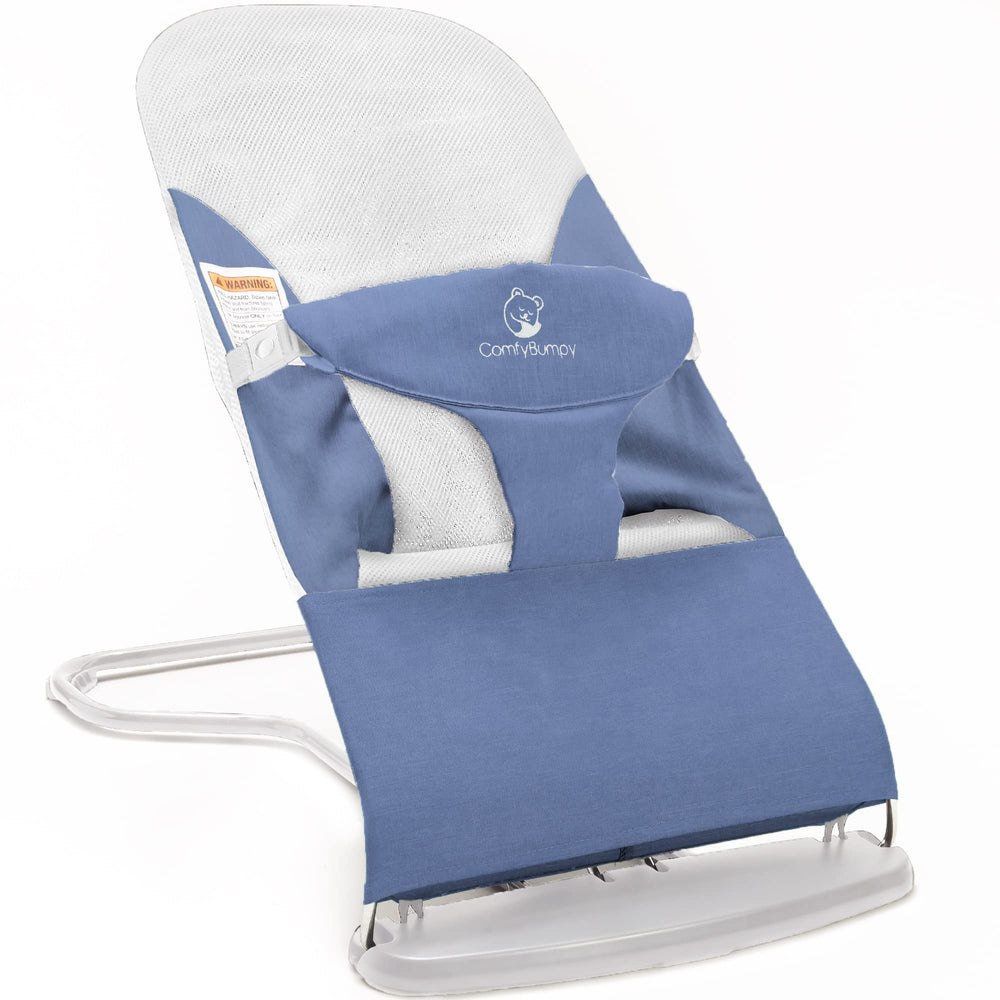 ComfyBumpy blue bouncer front view with secure 3-point harness for newborn support