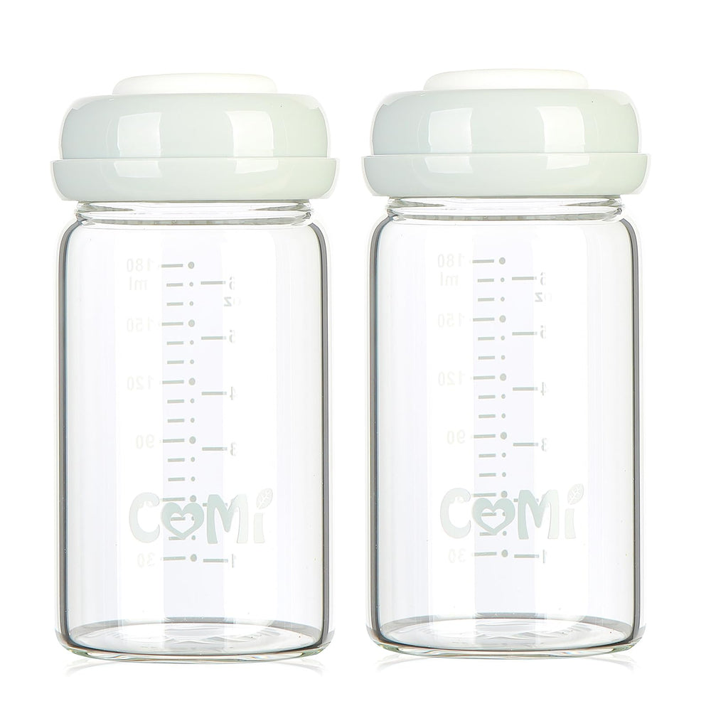 COMI wide-neck glass breastmilk bottle with 6oz capacity for pumping and storage.