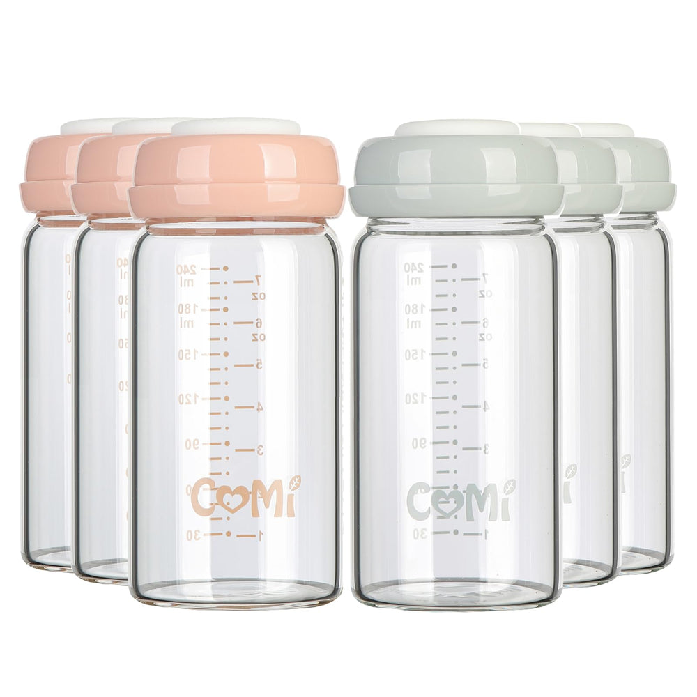 COMI wide-neck glass bottle in 8oz with six-pack for pump, store, and feed.