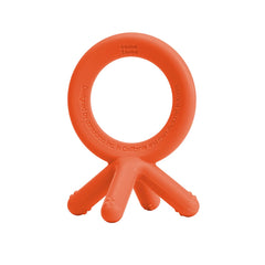 Comotomo orange teether mimics baby fingers for natural chewing.