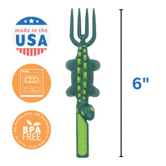 Constructive Eating dinosaur fork closeup emphasizes sturdy toddler-friendly dining option