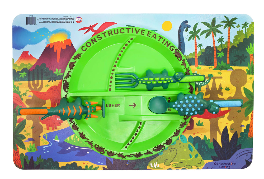 Constructive Eating dinosaur-plate shows durable plate for independent eating.