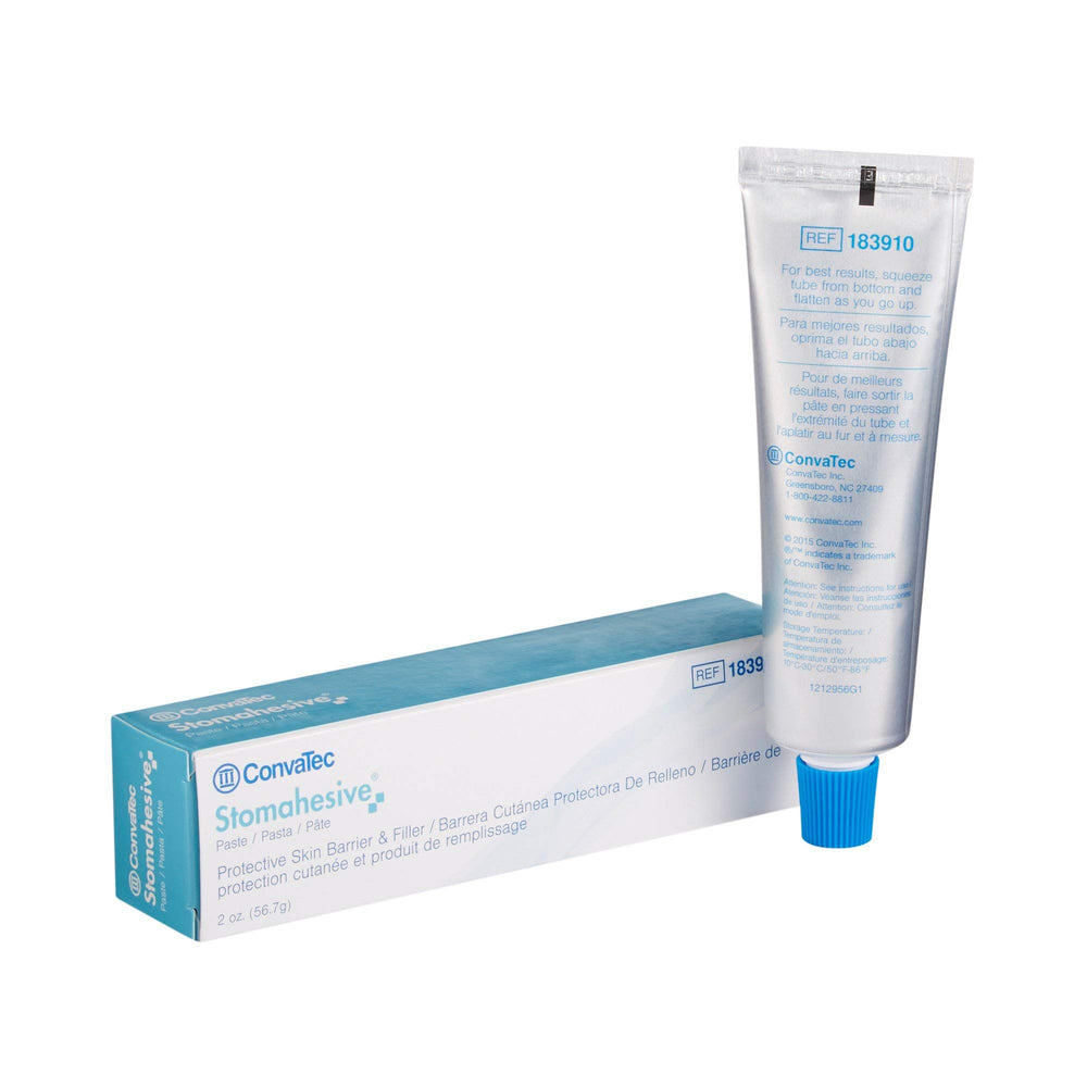 Convatec Stomahesive paste 2 oz tube ready for barrier application around a stoma.