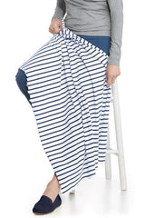 Closeup of Coolibar Sun Blanket white-navy stripe highlighting durable fabric.