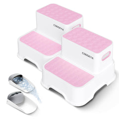 COOSEYA pink 2-step stool front view helps kids reach sinks safely.