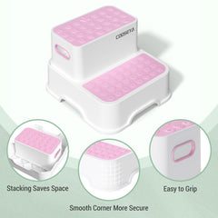 COOSEYA pink 2-step stool side view supports easy bathroom access.
