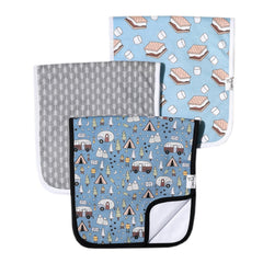 Copper Pearl Bridger Set burp cloth on shoulder with soft, absorbent fabric.