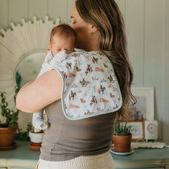 Copper Pearl burp cloth with absorbent fleece layer for mess management