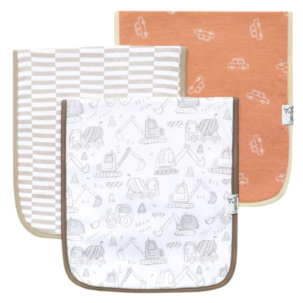 Copper Pearl burp cloth front pattern for soft, stylish shoulder protection during burping.