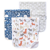 Copper Pearl premium burp cloths 3-pack, flatlay, patterned front for stylish mess protection