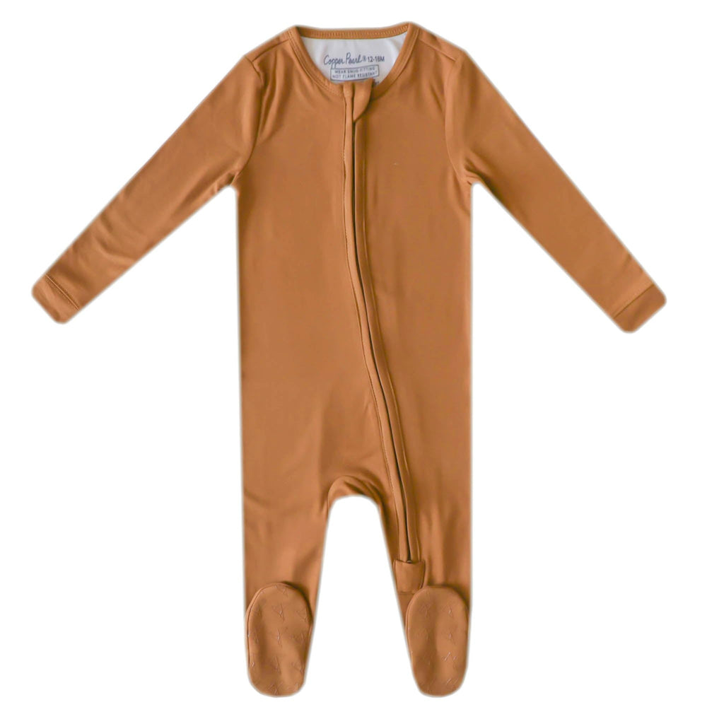 Copper Pearl camel zip-up footie pajama front view, cozy knit fabric