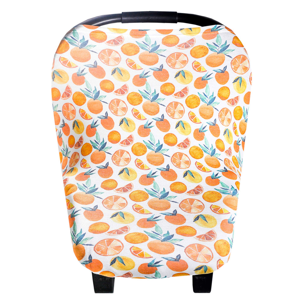 Copper Pearl car seat cover citrus print offers all-season protection and easy nursing access.