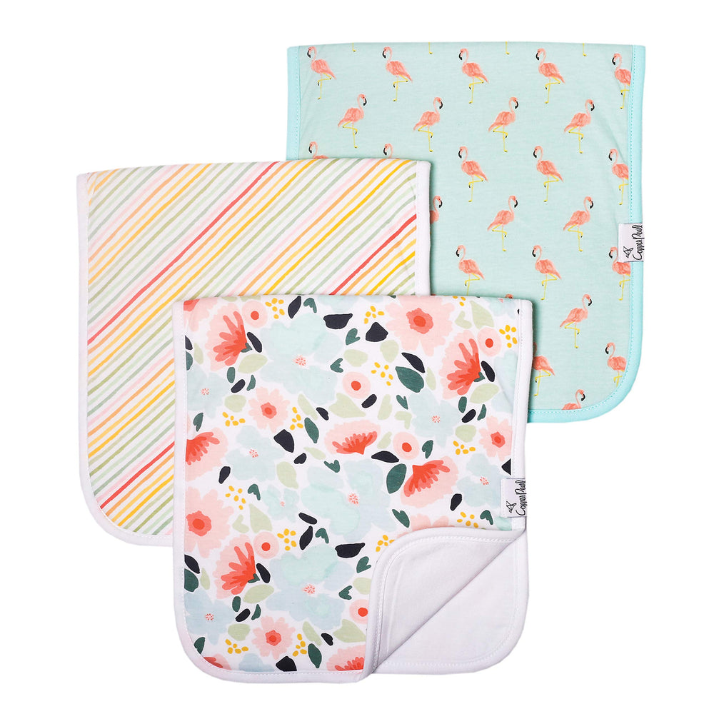 Copper Pearl Leilani burp cloths 3-pack folded, soft and highly absorbent.