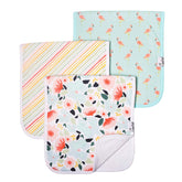 Copper Pearl Leilani burp cloths 3-pack folded, soft and highly absorbent.
