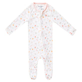 Copper Pearl Mabel zip-up footie pajamas knit fabric close-up shows ultra-soft feel