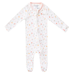 Copper Pearl Mabel zip-up footie pajamas knit fabric close-up shows ultra-soft feel