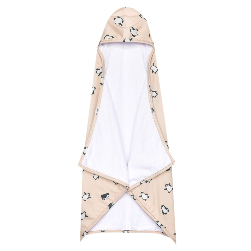 Copper Pearl Penguins big kid hooded towel with a cozy hood for warm bath time.