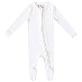 Copper Pearl zip-up footie front view, ultra-soft knit fabric for gentle all-day wear.