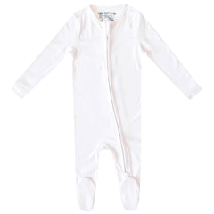 Copper Pearl zip-up footie front view, ultra-soft knit fabric for gentle all-day wear.