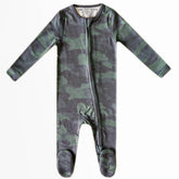 Copper Pearl Zip-Up Footie Pajamas in Hunter, front view, ultra-soft for all-day comfort.