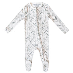 Copper Pearl zip-up footie close-up in ultra-soft knit fabric for gentle skin contact