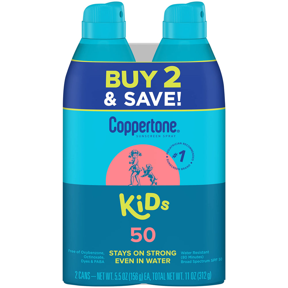 Coppertone Kids SPF 50 spray bottle front view, ready for quick sun protection.