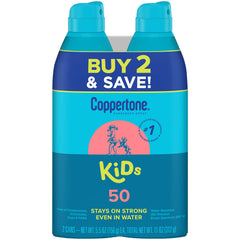 Coppertone Kids SPF 50 spray bottle front view, ready for quick sun protection.