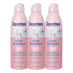 Coppertone WaterBabies sunscreen spray bottle for quick outdoor coverage.
