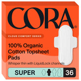 Cora pads with 100% organic cotton topsheet for ultra-thin comfort and protection.