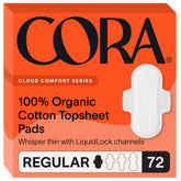 Cora 100% organic topsheet pads in packaging for clean daily protection.
