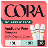 Cora organic non-applicator tampons multipack packaging for travel and storage.