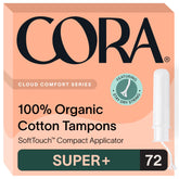 Cora organic tampons 72-super-plus package with varied packaging for easy selection.